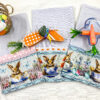 Kit 3 Panos de Prato Coelhos na Xícara com Ovos de Páscoa – 50x70 cm com Renda Inglesa